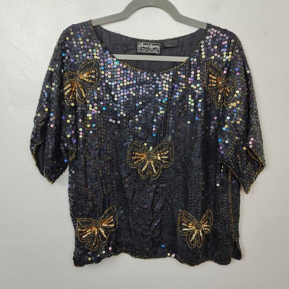 Vintage‎ Jewel Queen Beaded Top Womens Small Black Sequin Bling Silk Ribbon Bow - Picture 1 of 7